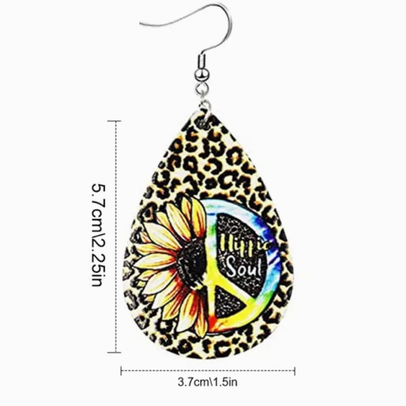 New Sunflower Leopard Hippie Soul Peace Teardrop Dangle Earrings Faux Leather - Picture 4 of 4